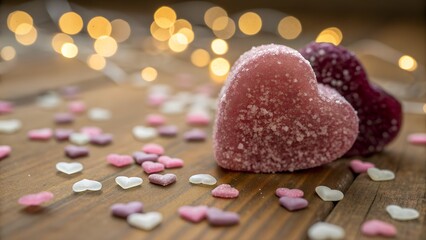 Fototapeta premium Sweet heart-shaped candies on wooden surface