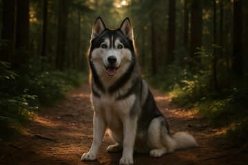 Husky dog with blue eyes sitting on a dirt path, happy and observing the forest environment bathing in golden sunlight