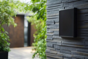Blank black sign board mounted on a contemporary grey stone wall, offering customizable outdoor advertising or informational display space