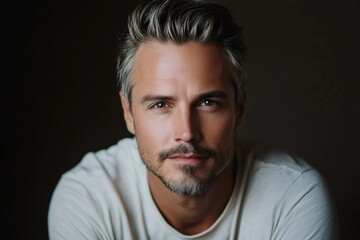Obraz premium Handsome mature man with graying hair and beard, confident serious gaze toward camera, professional studio headshot, elegant modern style