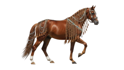 Beautiful Chestnut Arabian Show Horse Illustration with Ornate Braided Mane and Tail, isolated PNG with Transparent Background