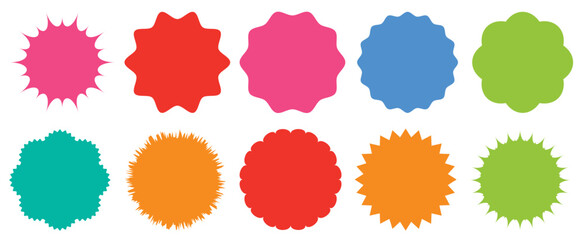 Pink red blue green and orange starburst shapes vector collection isolated on white background