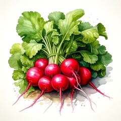 Watercolor illustration of a vibrant bunch of fresh radishes with green leaves