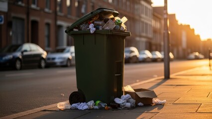 Overflowing garbage bin with scattered trash on urban sidewalk at sunset. Waste management, pollution, city hygiene, environmental issues, and public awareness campaigns.