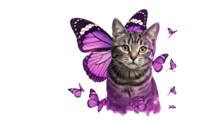 Realistic Tabby Cat Illustration with Bright Purple Butterfly Wings Isolated for Digital Design isolated PNG with Transparent Background