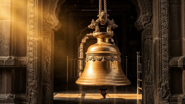 A large brass bell hanging in an ancient Hindu temple. Ornate ghanta for prayer and religious rituals in a sacred shrine. Golden light illuminating the stone architecture