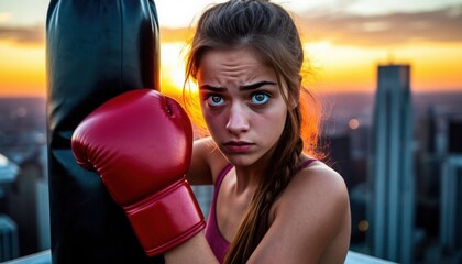 A woman wearing a red boxing glove is holding a black bag
