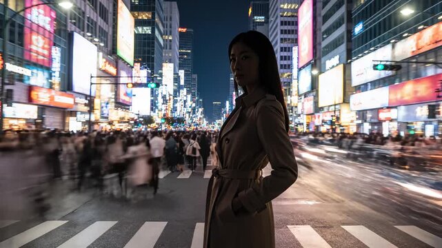 Woman in trench coat on busy city street at night
