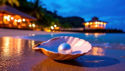 A pearl is sitting in a shell on a beach at night