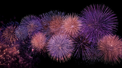 Purple Firework celebrate anniversary happy new year 2026, 4th of july holiday festival. Purple firework in night time celebrate national holiday. Violet firework Countdown to new year 2026 festival 