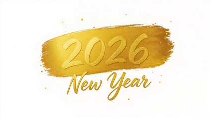 2026 New Year logo with golden paint brushstroke and golden confetti. New Year sign with golden ribbon. 