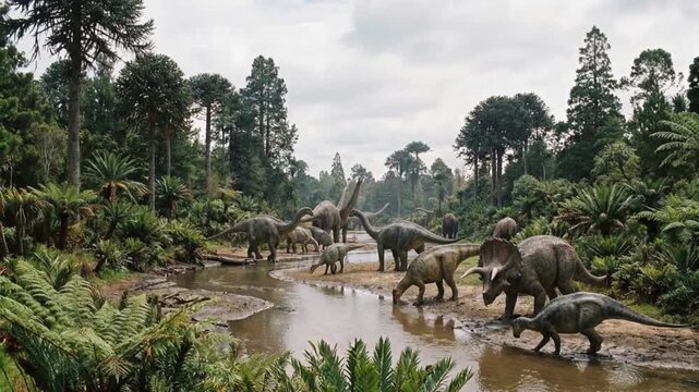 Group of dinosaurs near ancient river with lush vegetation, natural prehistoric behavior documentary style