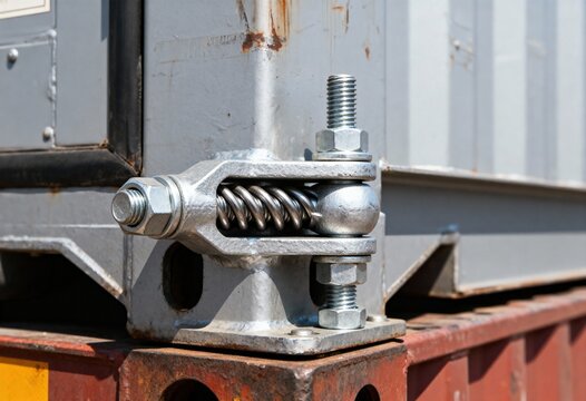 Close-up of industrial shipping container twistlock mechanism on metal surface.