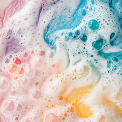 delicate white soap bubbles and foam swirling over a soft pastel background of pink, blue, and yellow.