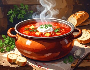 Hearty tomato soup with vegetables, sour cream, and crusty bread