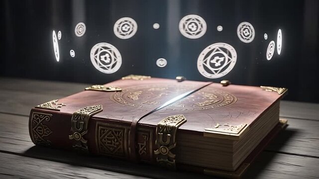 Ancient Tome of Knowledge: An old, weathered book, adorned with intricate details, rests upon a wooden surface, its pages filled with cryptic symbols and stories of old.