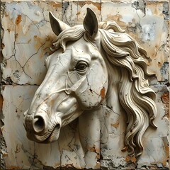 A classical marble horse head bust, weathered on a mosaic background