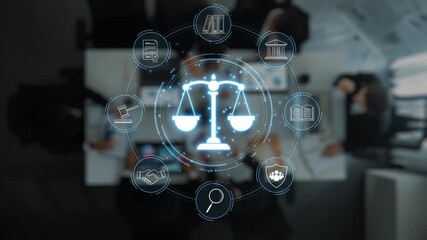 Modern digital symbols of law and justice represent collaboration among diverse professionals in an office setting, highlighting innovation and ethical principles. Raster