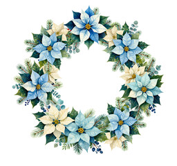 Christmas flower blue and white wreath poinsettia with holly and pine tree branch