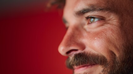 Obraz premium Smiling man with a beard enjoying a moment in front of a red background