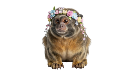 Cute Emperor Tamarin Monkey wearing a colorful floral flower crown isolated PNG with Transparent Background