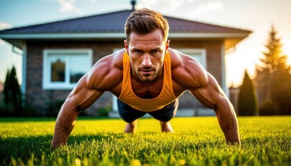 A man is doing pushups on a grassy lawn in front of a house
