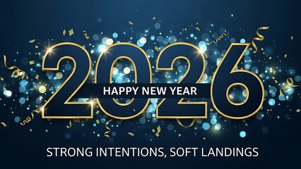 Happy New Year 2026: Elegant collection of dark blue and gold graphic designs, featuring confetti, festive bokeh lights, and inspiring motivational messages for a brighter, intentional year ahead.