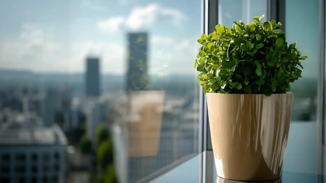 Urban Oasis: A lush potted plant thrives in a bright office, with the cityscape blurred in the background, combining nature with the modern world.