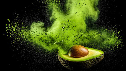 Vibrant green powder explodes dramatically above a fresh avocado half with its large brown seed visible