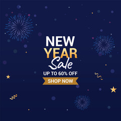Fototapeta premium New Year sale social media post template with a bold discount offer, stylish typography, and vibrant blue fireworks theme, perfect for festive online promotions and ads.