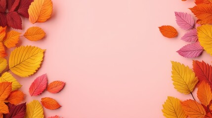 Obraz premium Leaves in shades of red orange yellow and pink gather along the edges of a pink background designed for autumn decoration or craft projects.