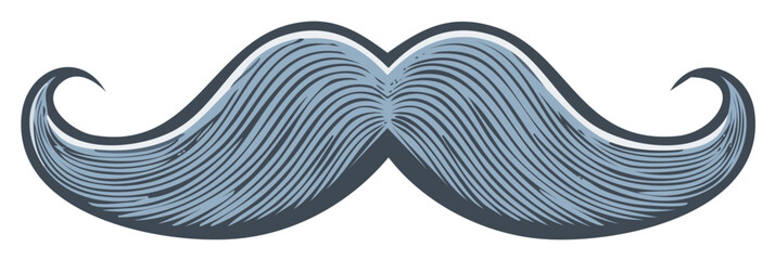 Vintage styled blue and gray mustache illustration with curled ends and detailed line work on a white background