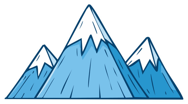 Three blue cartoon mountains with white snowy peaks simple nature illustration