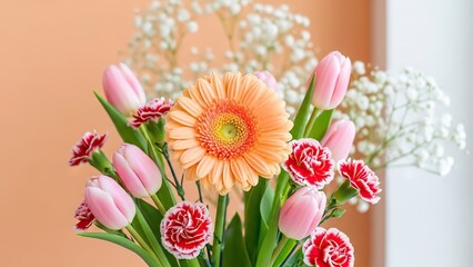 Beautiful spring flower bouquet with peach gerbera, pink tulips and red carnations.