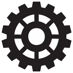 Black gear symbol illustration, isolated on a white background, with teeth and inner circle.