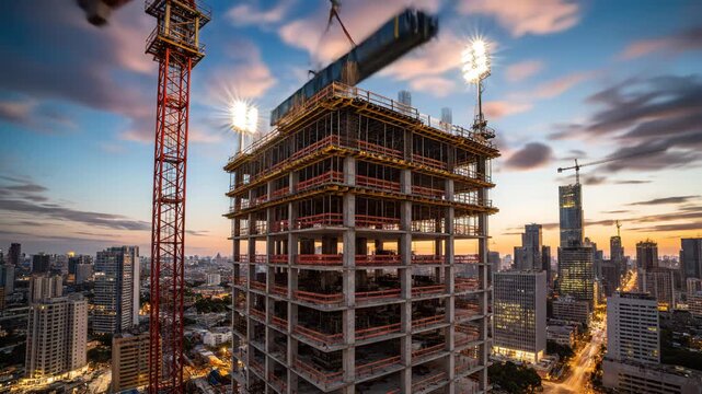 Construction site with crane lifting steel beam