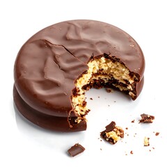 Close-up of chocolate-covered cookies, one with a bite taken