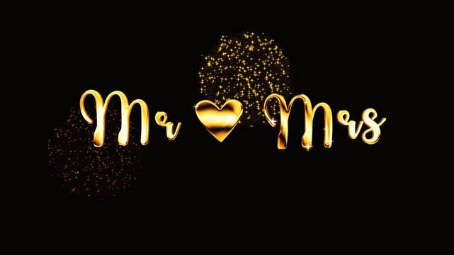 Mr mrs golden glossy Greeting Luxury Text lettering Golden Sparks shiny Fireworks Celebrations sparkles particles Animation, lettering handwritten calligraphy isolated Greetings, Messages Celebrations