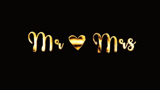Mr mrs golden text lettering handwritten calligraphy animation, gold color animated lettering reveal celebration isolated for invitation greeting card elegant wedding marriage clip alpha channel black