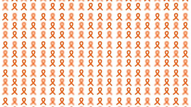 seamless pattern with orange kidney cancer awareness month glossy satin ribbon sign symbol geometric motif background, animated ribbon bow random blurred popup video motion graphics white bg clip