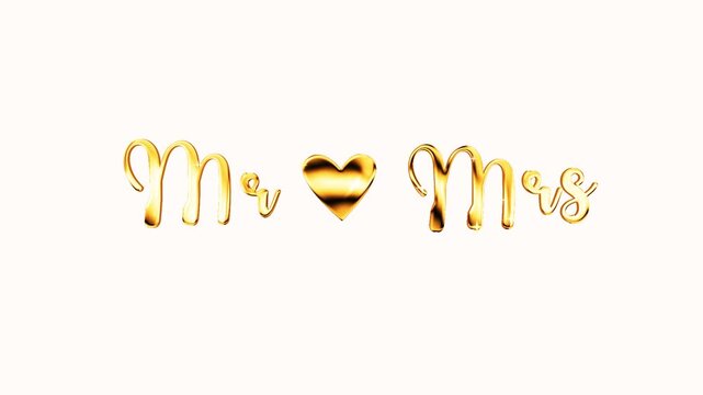 Mr mrs golden text lettering handwritten calligraphy animation, gold color animated lettering reveal celebration isolated for invitation greeting card festive design elegant wedding marriage clip