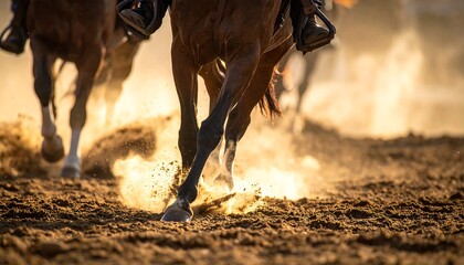 Close-up of horses running fast, kicking up dust at sunset