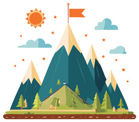 Illustration of a mountain range with a flag at the peak, sunshine and clouds.