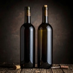 Two wine bottles stand on a rustic table with a dark, textured background