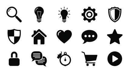 Collection of black icons representing ideas security and technology silhouette