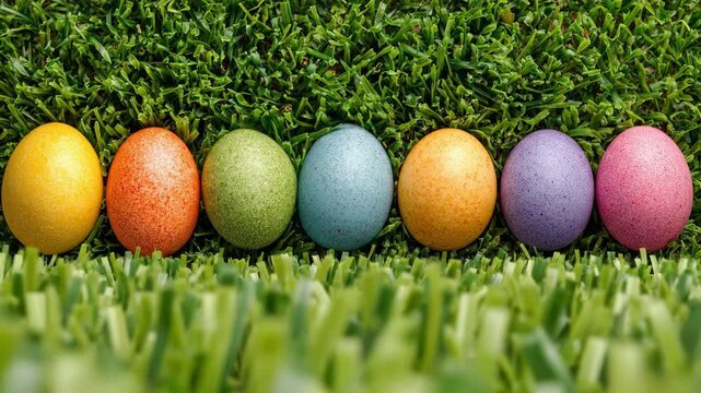 Row of seven colorful speckled Easter eggs arranged in a line on green grass for spring holiday celebration