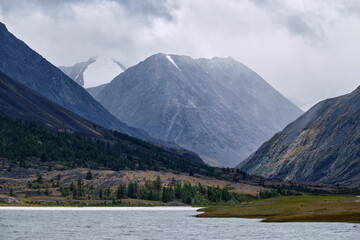 Photo of Altai Lake Akkul. View towards the Sofiysky Glacier on the South Chuya Ridge.