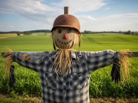 Scarecrow in a plaid shirt standing in a green field with a hat on its head