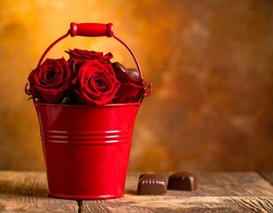 Red bucket of red roses, chocolates, and wooden surface