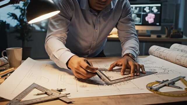 Man working on engineering drawings